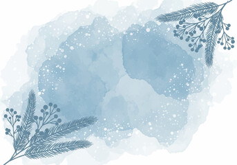 Delicate Winter Holiday Watercolor Background with Snowfall and Pine Branches