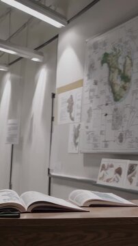Vertical video, interior of a library with open books and maps of the galapagos islands, highlighting the importance of research and exploration