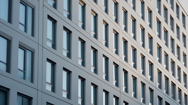 Facade features rows of rectangular windows in a repetitive pattern. The structure, bathed in natural light, creates a sense of architectural harmony and modern design.