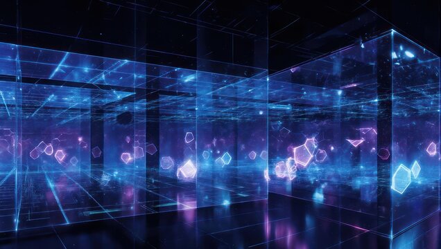 Abstract digital space with glowing geometric shapes and blue light.