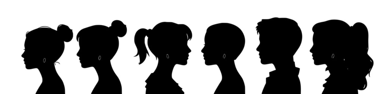diverse silhouettes of women and men in profile with various hairstyles,  face silhouette logo &ndash; stock vector