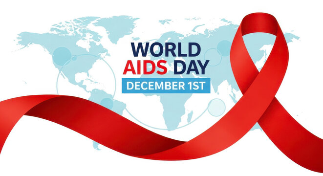 World aids day december 1st awareness campaign with red ribbon and world map background