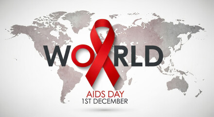 World aids day awareness symbol of red ribbon on world map with text