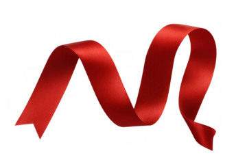 Red shiny satin ribbon creating wavy swirl shape, symbolizing celebration, gift, holiday, and decoration, on transparent background