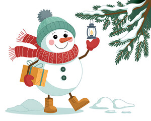 Cheerful snowman with lantern and gift in snowy winter scene