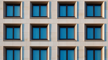 Obraz premium Repetitive architectural pattern: numerous square windows with blue curtains adorn the building's facade, creating a symmetrical rhythm. The contrasting colors add depth to the image.