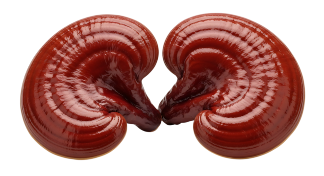 Two glossy red Reishi mushrooms with concentric rings facing each other, isolated on a white or transparent background, cutout, PNG
