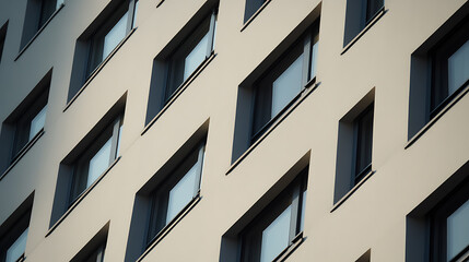 Minimalist architecture featuring a modern facade with sleek, rectangular windows in a repetitive pattern, offering a clean, geometric aesthetic and a sense of urban sophistication.