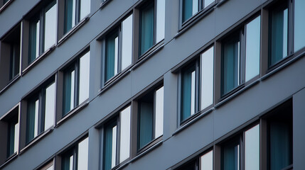 Abstract facade of a building with multiple windows reflecting light and sky, creating a pattern on a gray exterior surface, highlighting urban architecture and design.