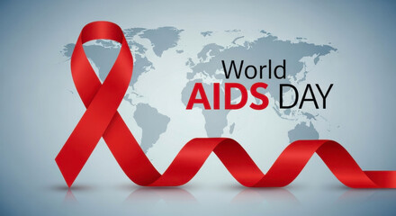 Red ribbon symbolizing aids awareness and support against the backdrop of a world map for world aids day