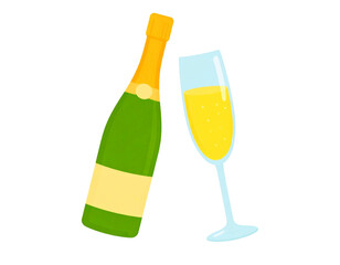 シャンパンのボトルとシャンパングラス　乾杯アイコンイラスト