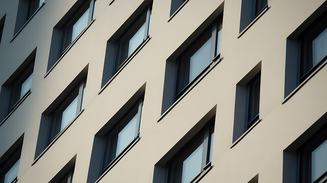 Minimalist architecture featuring a modern facade with sleek, rectangular windows in a repetitive pattern, offering a clean, geometric aesthetic and a sense of urban sophistication.
