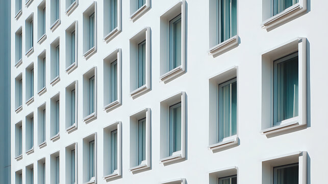 Minimalist architecture: A stark white building facade adorned with a grid of rectangular windows. The geometric design emphasizes the clean lines and modern aesthetic. Simplicity reigns.