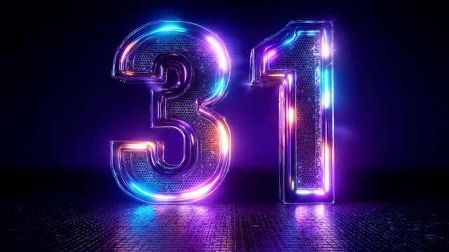 Neon number 31 on dark background with glowing lights