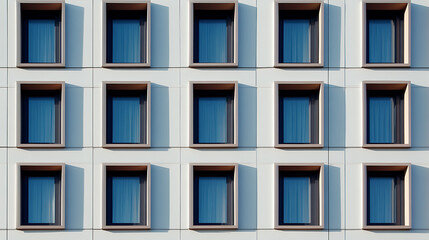 A symmetrical view of a building facade featuring evenly spaced, rectangular windows reflecting the sky, creating a modern architectural pattern.