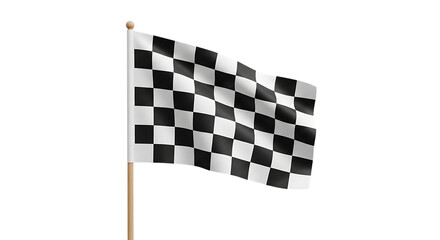 Fototapeta premium Waving checkered flag on a wooden pole with a white ball topper, isolated on a white or transparent background, cutout, PNG