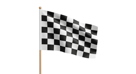 Waving checkered flag on a wooden pole with a white ball topper, isolated on a white or transparent background, cutout, PNG