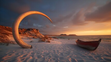 Golden Hour on Coastal Landscape with Abstract Sculpture