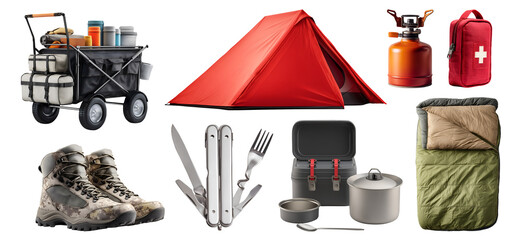 Set of camping hiking essential tool supplies, shelter tent, trolley, portable utensils cook, sleeping bag, multitool, trekking shoes, First aid, transparent cutout PNG. Many different Mockup