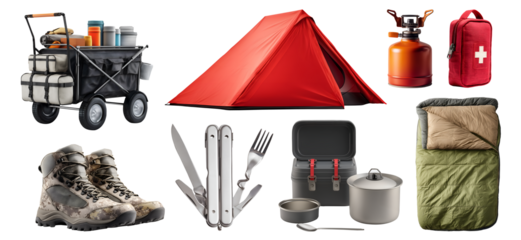 Set of camping hiking essential tool supplies, shelter tent, trolley, portable utensils cook, sleeping bag, multitool, trekking shoes, First aid, transparent cutout PNG. Many different Mockup