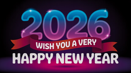 Happy new year 2026 with festive ribbon and glowing numbers