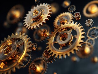 Close-Up Golden Gears in Motion Dynamic Abstract Background with Interconnected Mechanical Cogs and Bokeh Effect