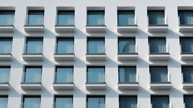 Modern architecture showcases a building facade with a grid of uniform windows. Sunlight casts sharp shadows, highlighting the clean lines and repetitive patterns of the structure. - Powered by Adobe