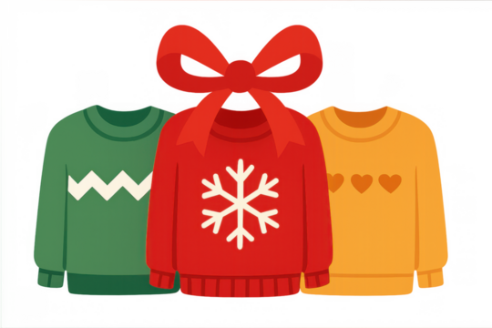 Three ugly christmas sweaters, one with a red bow, a snowflake, green zig-zag pattern, and yellow hearts, transparent background - Powered by Adobe