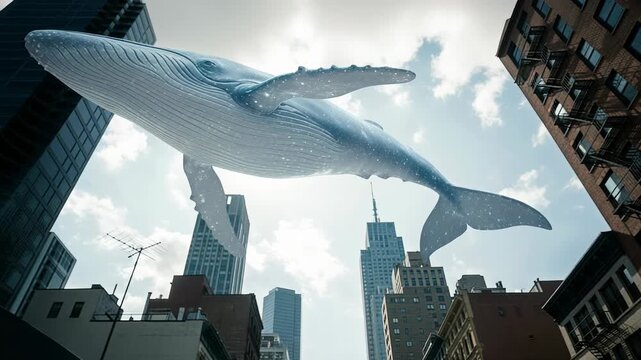 Digital whale gliding gracefully through city air with sunlight reflecting on its translucent body