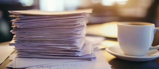 Overwhelmed by Paperwork, A Stack of Documents and Coffee Break
