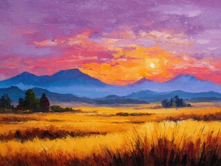 Vibrant oil painting showcasing a dramatic sunset over golden plains and majestic mountains with a striking colorful sky providing a powerful artistic view