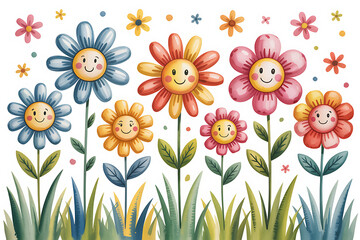 Happy cartoon flowers with smiling faces in a field of grass