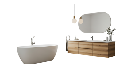 Freestanding white bathtub with chrome faucet next to a modern wood vanity with double sinks and oval mirror, isolated on a white or transparent background, cutout, PNG