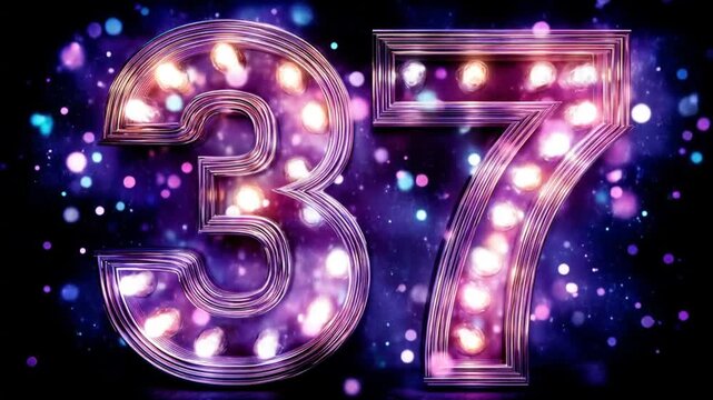 Glowing number thirty seven on dark background with sparkling lights