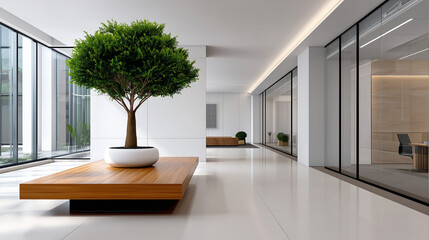 Modern bright office with indoor tree on center table, workplace culture, ultra-clean minimal