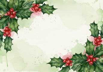 Festive watercolor holly branches with red berries creating a beautiful holiday background perfect for invitations and cards