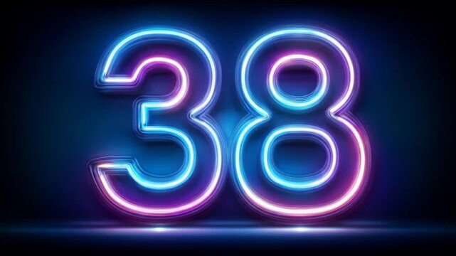 Neon number 38 glowing in blue and purple on dark background