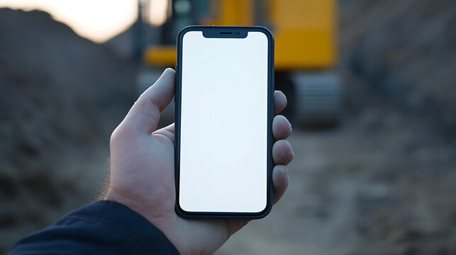 At a construction site, a hand holds a smartphone with a blank screen, providing a perfect canvas for your app or website design. The heavy equipment adds a touch of industry.