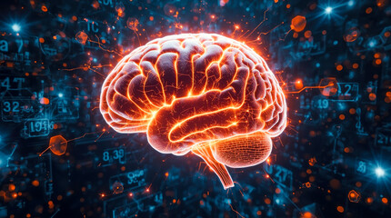 Human brain digital illustration. Electrical activity, flashes and lightning on a blue background.