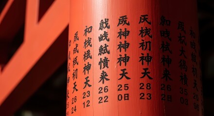 Red torii gate with japanese kanji characters in bright sunlight