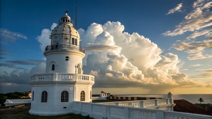 Old Colonial Lighthouse White Dome Blue Sky Clouds Coast Beacon