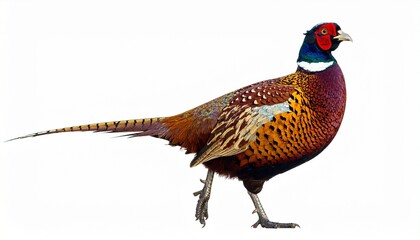 Fototapeta premium Colorful Common Pheasant Standing in Profile on White Background