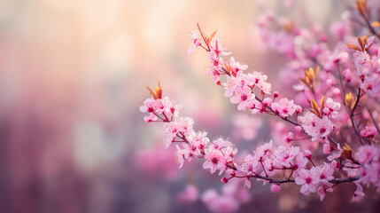 Delicate pink cherry blossoms unfurl on branches bathed in soft, ethereal morning light, evoking feelings of renewal and springtime beauty