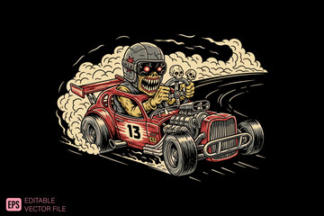 Skull Racer Driving Hot Rod with Smoke and Speed.