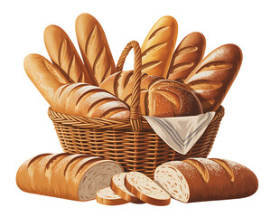 Freshly baked baguettes and loaves of bread in a wicker basket