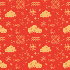 Chinese New Year Seamless Pattern. Modern oriental cloud pattern for Lunar New year. Luxury traditional asian gold and red flat pattern for wrapping paper, fabric , cover, banner, packaging, wallpaper