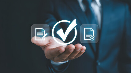 Professional hand holding glowing digital icons for approval process, verification, and task completion, symbolizing efficiency and success