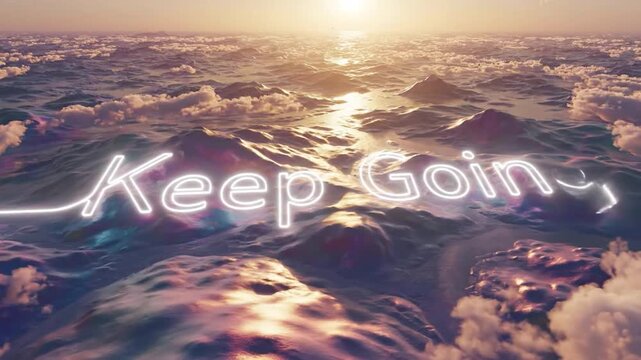 Keep Going Neon Text Over Ocean Waves at Sunset.