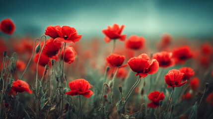 Fototapeta premium Vibrant red poppies bloom gracefully in a soft focus field, evoking feelings of natural beauty and peaceful serenity, perfect for editorial or decorative use