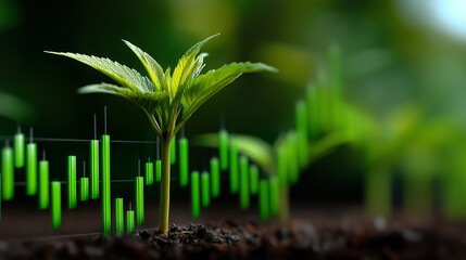 Stock market candlestick chart with green leaves growing from bars, clean editorial finance